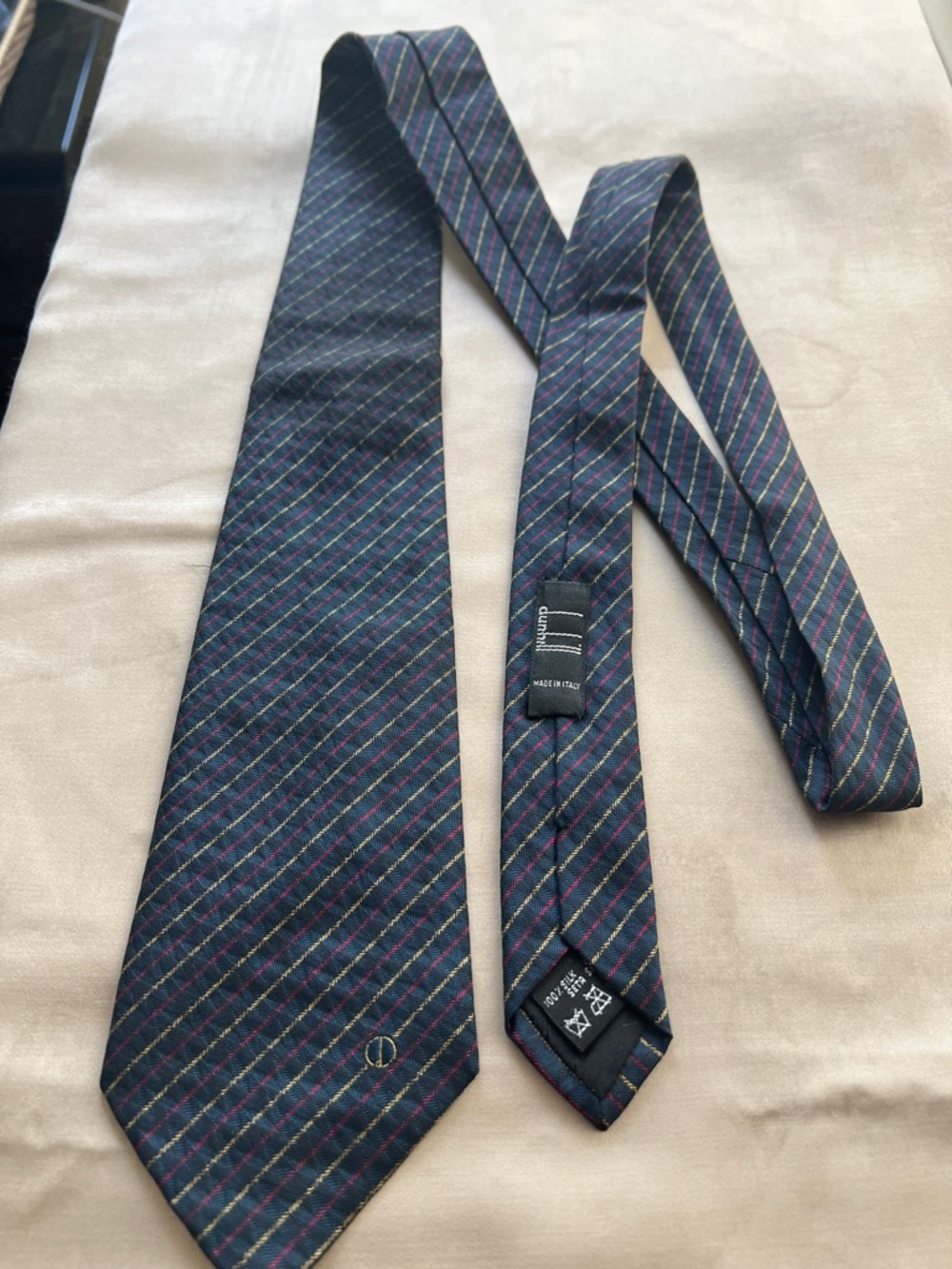 Vintage Authentic Dunhill Navy Silk Tie W/Pink and Green Diagonal Stripes Italy